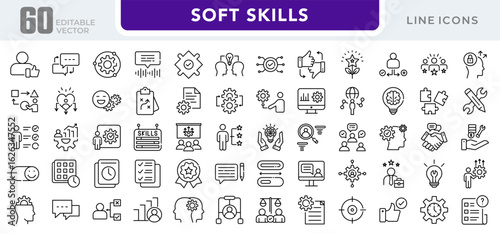 Soft skills linear icon set. Communication, teamwork, leadership, empathy, problem solving, time management, adaptability, creativity, and personal development vector icon set. UI thin line pack