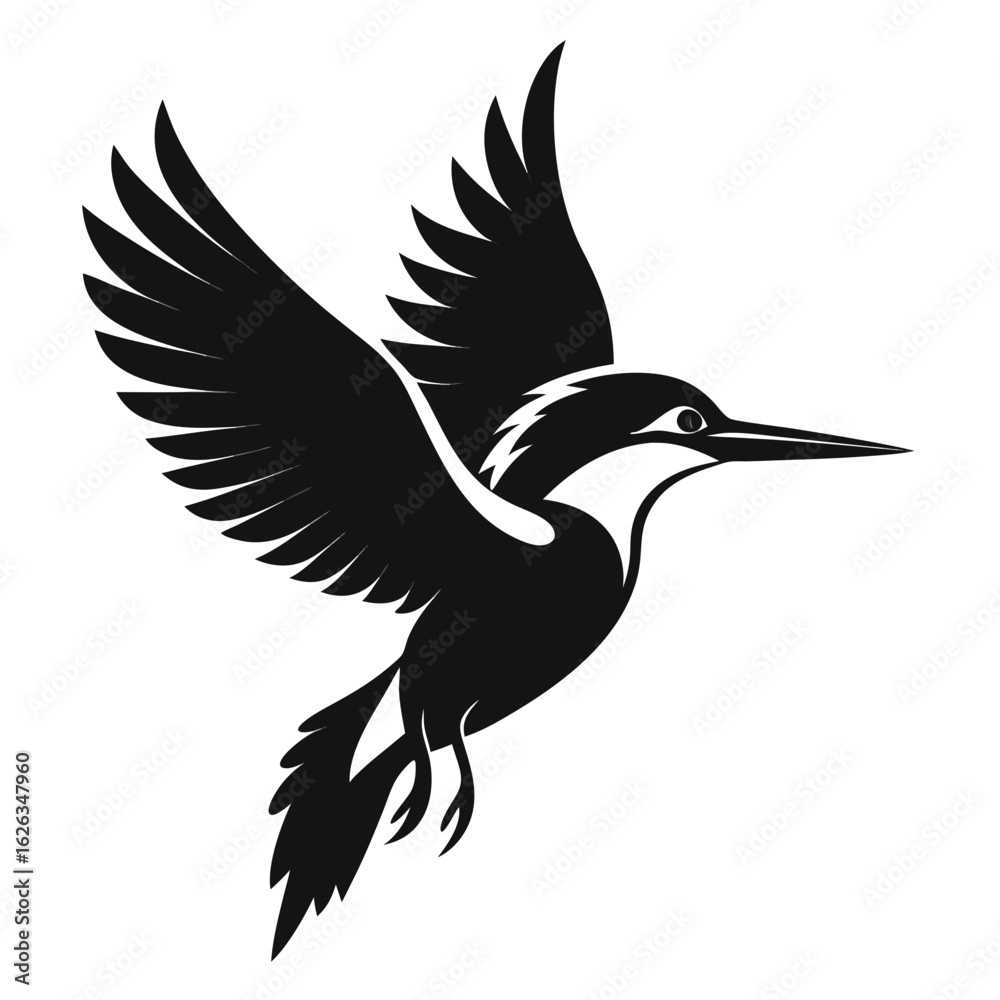 Fototapeta premium Kingfisher flying vector clean black silhouette design white background