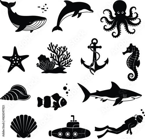 Photography Silhouette marine life ocean animals collection vector Illustrator