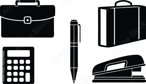 Collection of black silhouette office supplies including briefcases calculator pen and stapler on white background
