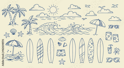 Minimalist Vector SVG Illustration of Beach Scene with Surfboards Palm Trees and Ocean Elements in Flat Design Style