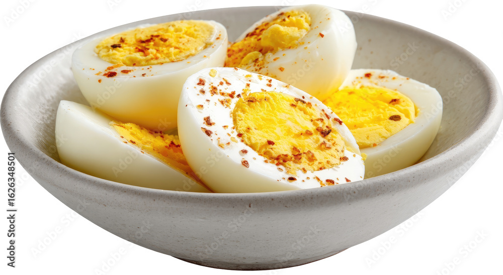 Sliced hard-boiled eggs in a small bowl, seasoned with a spice Sliced hard-boiled eggs in a small bowl, seasoned with a spice