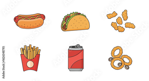 Fast Food Icons Collection: Hot Dog, Taco, and Fries