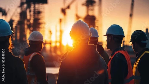 Silhouette of construction worker and engineer team with hard hats at sunset