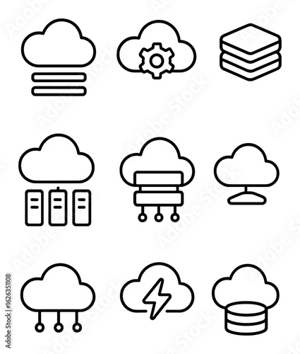 Cloud Service Model Icons. Outline icon set of cloud service models: IaaS, PaaS, SaaS, BaaS, FaaS, DaaS, cloud