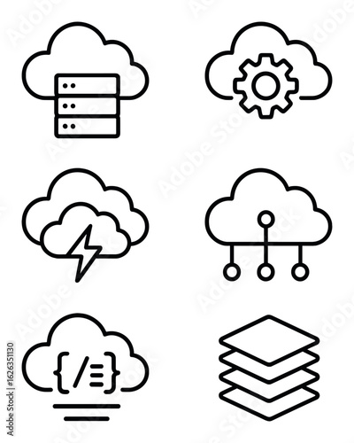 Cloud Service Model Icons. Outline icon set of cloud service models: IaaS, PaaS, SaaS, BaaS, FaaS, DaaS, cloud