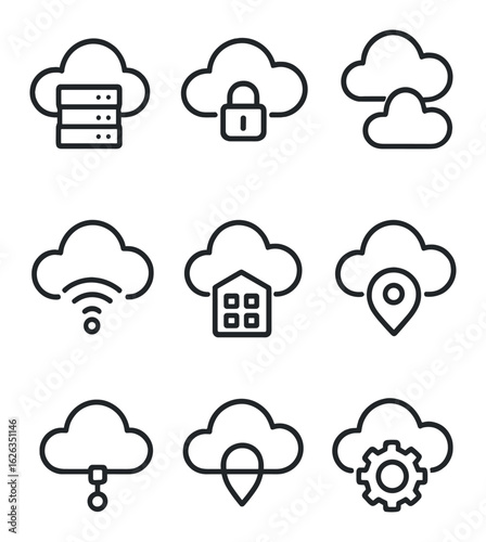 Cloud Deployment Icons. Outline icon set of cloud deployment models: public cloud, private cloud, hybrid cloud