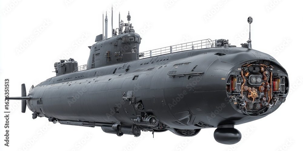 Obraz premium Detailed Submarine Illustration in Gray Tones on White Background