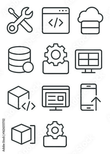 PaaS Platform Icons. Outline icon set of PaaS platform: dev tools, runtime environment, app host, database