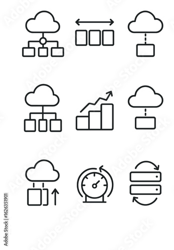Scalable Cloud Icons. Outline icon set of scalable cloud architecture: load balancer, horizontal scaling,