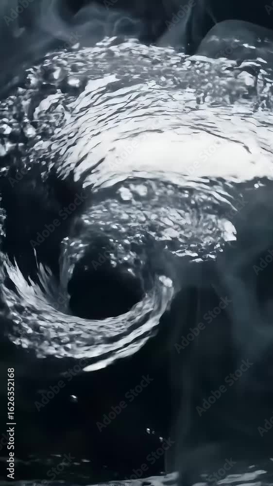 A monochrome vortex shows a swirling liquid surface amid darkness with visible bubbles and fluid movement, creating a dynamic abstract A monochrome vortex shows a swirling liquid surface amid darkness with visible bubbles and fluid movement, creating a dynamic abstract