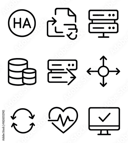 High Availability Icons. Outline icon set of high availability systems: HA icon, failover plan, redundant