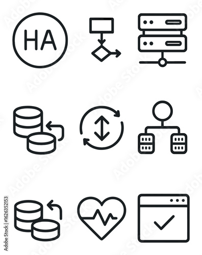 High Availability Icons. Outline icon set of high availability systems: HA icon, failover plan, redundant