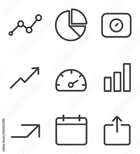 Analytics Dashboard Icons. Outline icon set of analytics dashboard elements: line chart, pie chart, bar graph,