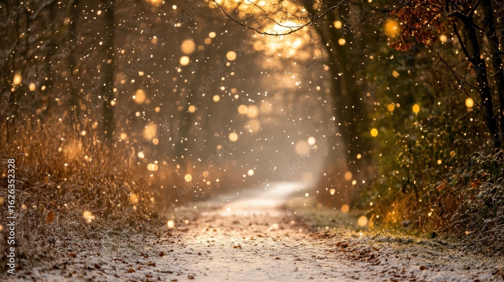 Fototapeta premium Serene Winter Pathway with Falling Snowflakes and Warm Light