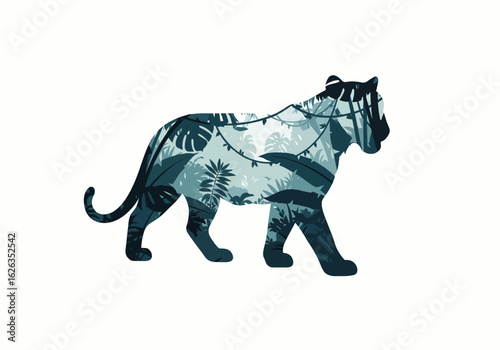Tiger Silhouette with Jungle Double Exposure