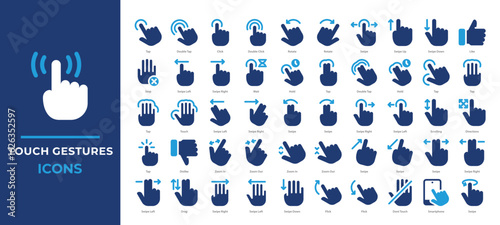 Touch gesture icons set collection. Featuring taps, swipes, pinches, zooms, and drags. Perfect for mobile app UI, touchscreen interfaces, and gesture-based interaction designs.