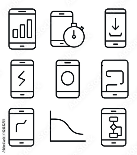 Mobile Analytics Icons. Outline icon set of mobile analytics dashboard: screen views, device type, session