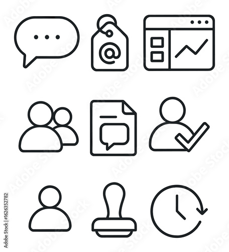Dashboard Collaboration Icons. Outline icon set of dashboard collaboration: comment bubble, mention tag,