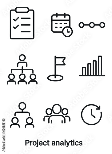 Project Analytics Icons. Outline icon set of project analytics: task count, deadline status, project timeline,