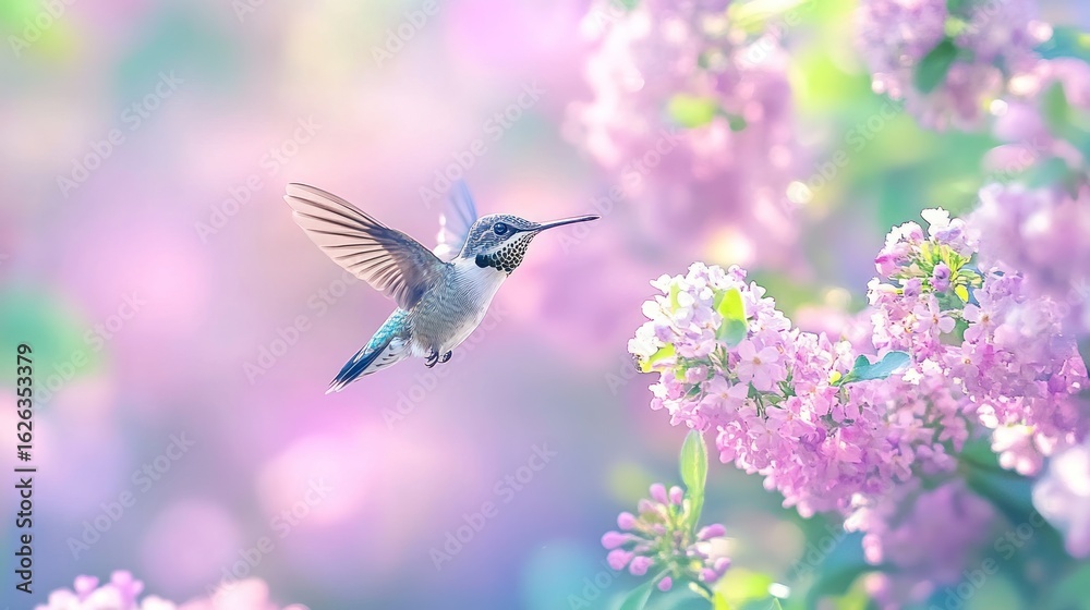 Naklejka premium Tiny hummingbird in flight, surrounded by lilac blossoms. Soft, pastel colors