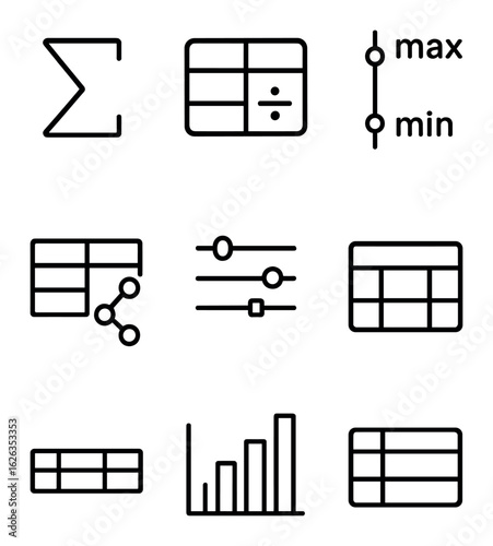 Data Aggregation Icons. Outline icon set of data aggregation: sum icon, average icon, count icon, min/max