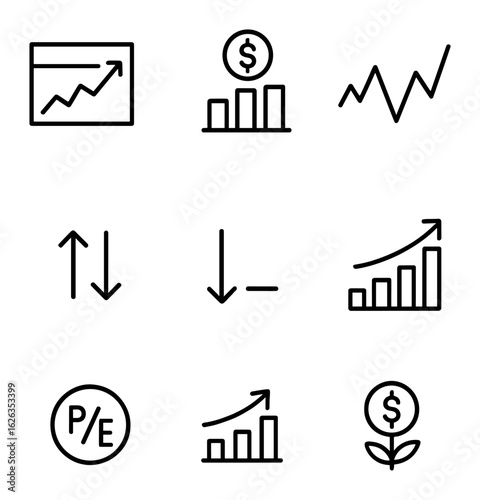 Stock Market Icons. Outline icon set of stock market analytics: stock ticker, market cap, price movement, day