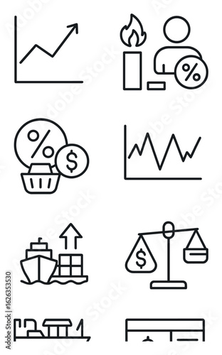 Economic Indicators Icons. Outline icon set of economic indicators: GDP graph, inflation chart, interest rate