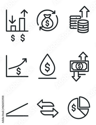 Cash Flow Icons. Outline icon set of cash flow visuals: inflow-outflow chart, operating cash, investing cash,
