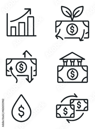 Cash Flow Icons. Outline icon set of cash flow visuals: inflow-outflow chart, operating cash, investing cash,