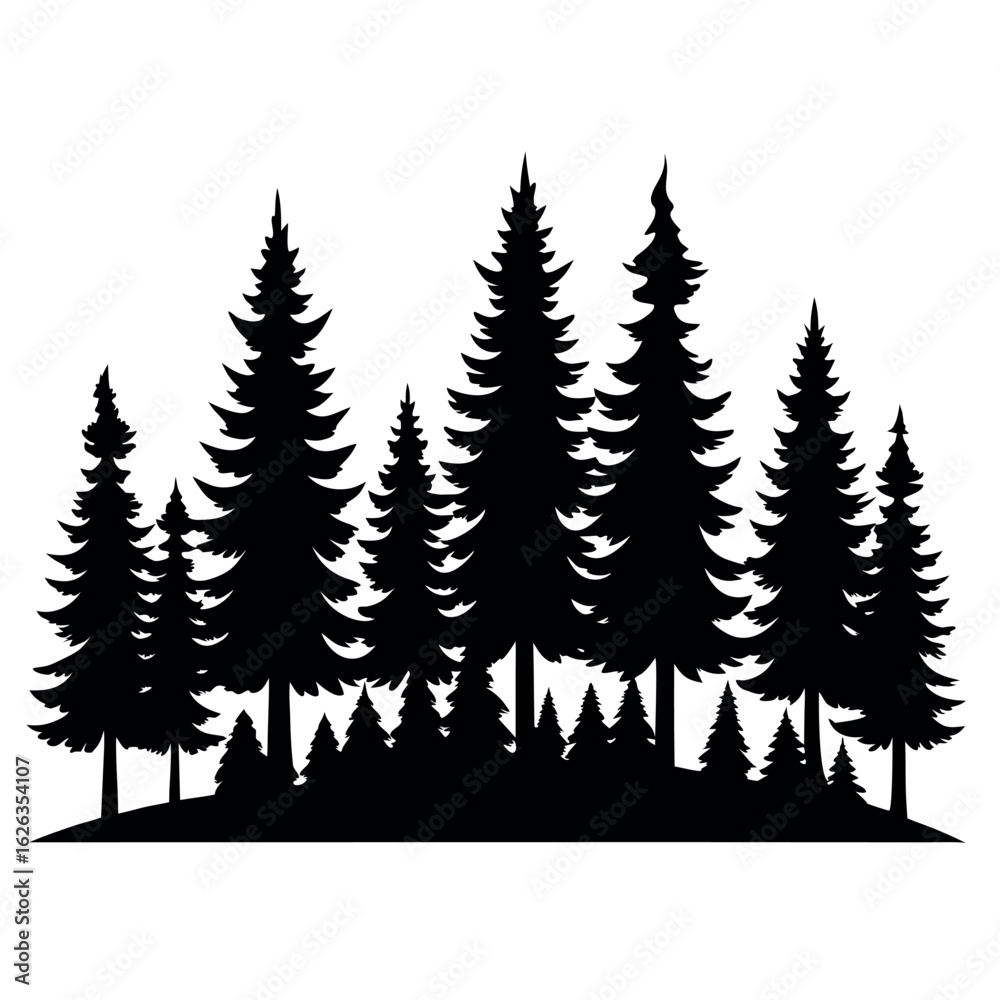 Obraz premium Horizon style pine forest silhouette in black isolated on white background
