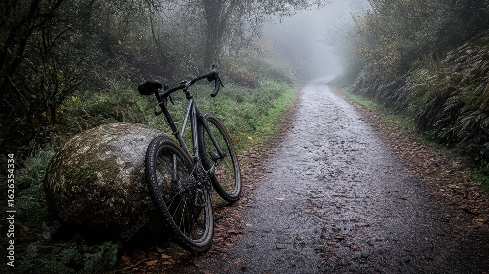 Obraz premium Bicycle Leaning Against Rock on Foggy Trail in Forest Environment