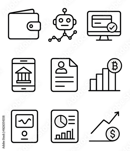 Fintech Dashboard Icons. Outline icon set of fintech dashboard charts: digital wallet, robo advisor, payment