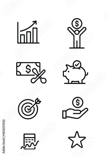 Financial Milestone Icons. Outline icon set of financial milestone tracking: income growth, expense cut, debt
