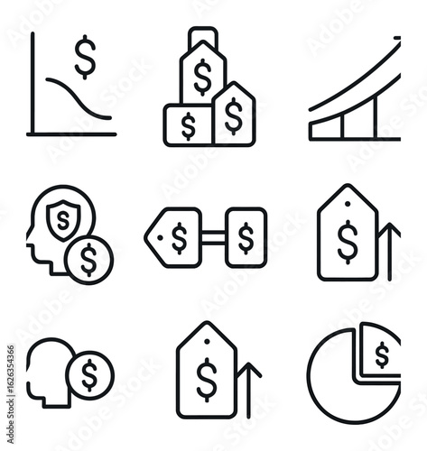 Pricing Analysis Icons. Outline icon set of pricing analysis: price elasticity, pricing tier, competitor price