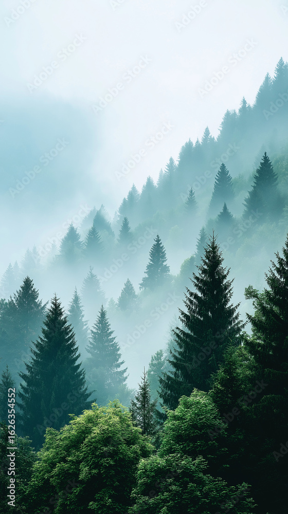 Fototapeta premium Misty Forest Landscape in Serene Morning Light