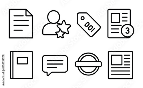 Academic Publishing Icons. Outline icon set of academic publishing: manuscript file, peer review icon, DOI tag