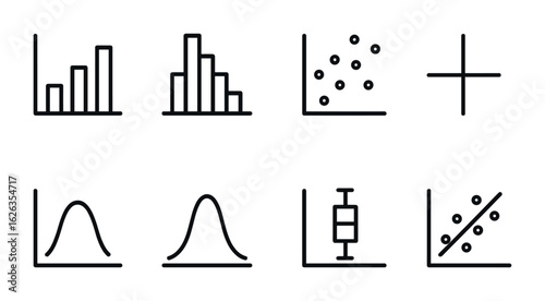 Statistics Icons Set. Outline icon set of statistics in research: bar chart, histogram, scatter plot,