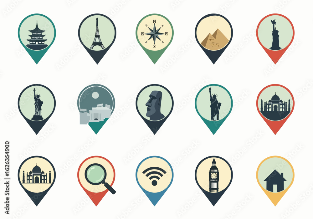 Location Pin Vector Set with Cultural Icons Location Pin Vector Set with Cultural Icons