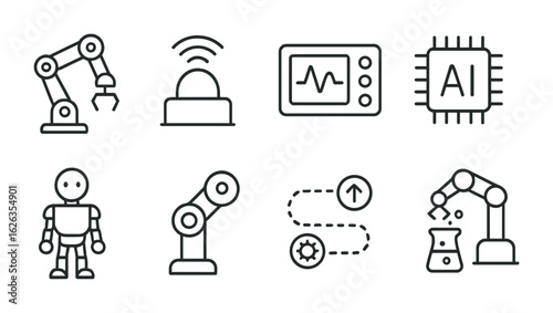 Robotics Icons Set. Outline icon set of robotics research: robot arm, sensor icon, control unit, AI chip,