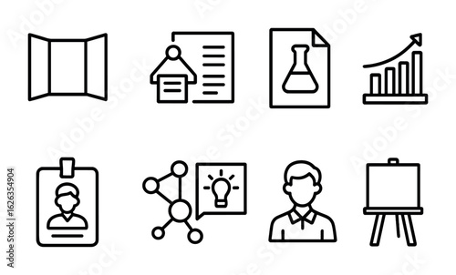 Science Fair Icons. Outline icon set of science fair visuals: poster board, project summary, hypothesis icon,