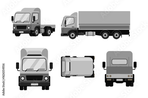 Truck vector illustration of various views for vehicles transport and delivery services design needs on transparent background