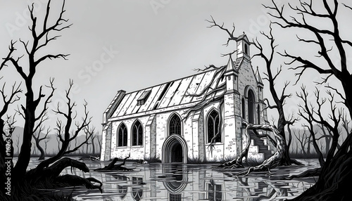 A gritty monochrome illustration of a sunken cathedral half-swallowed by a swamp. Arched windows are broken, the spire collapsed, and twisted tree roots crawl over the stone like skeletal arms.
