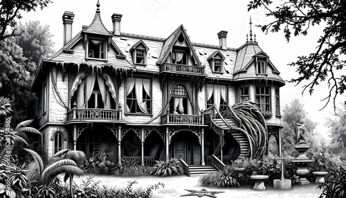 A jagged black-and-white drawing of a once-grand mansion now overtaken by decay. Balconies collapse under rot, curtains flap from cracked windows, and statues in the garden are broken and overgrown.
