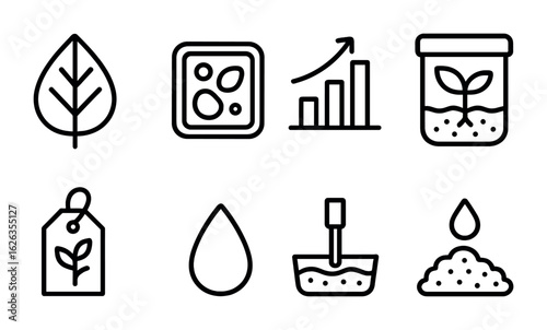 Botany Research Icons. Outline icon set of botany research: leaf structure, plant cell, growth chart, specimen