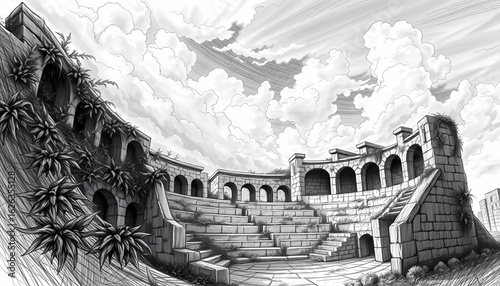A black-and-white sketch of an overgrown amphitheater carved into stone, its stairs crumbling and throne cracked in half under a sky heavy with looming clouds.
