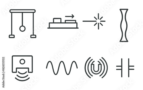 Physics Tools Icons. Outline icon set of physics experiment tools: pendulum setup, air track, laser beam,