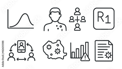 Epidemiology Icon Set. Outline icon set of epidemiology research: infection curve, patient icon, spread model,