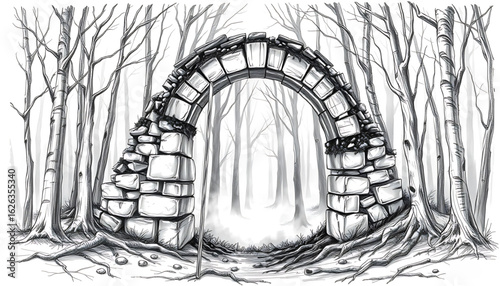 A black-and-white sketch of a ruined stone archway deep in a forest, half-buried in roots and soil, leading to nothing but fog and silence.
