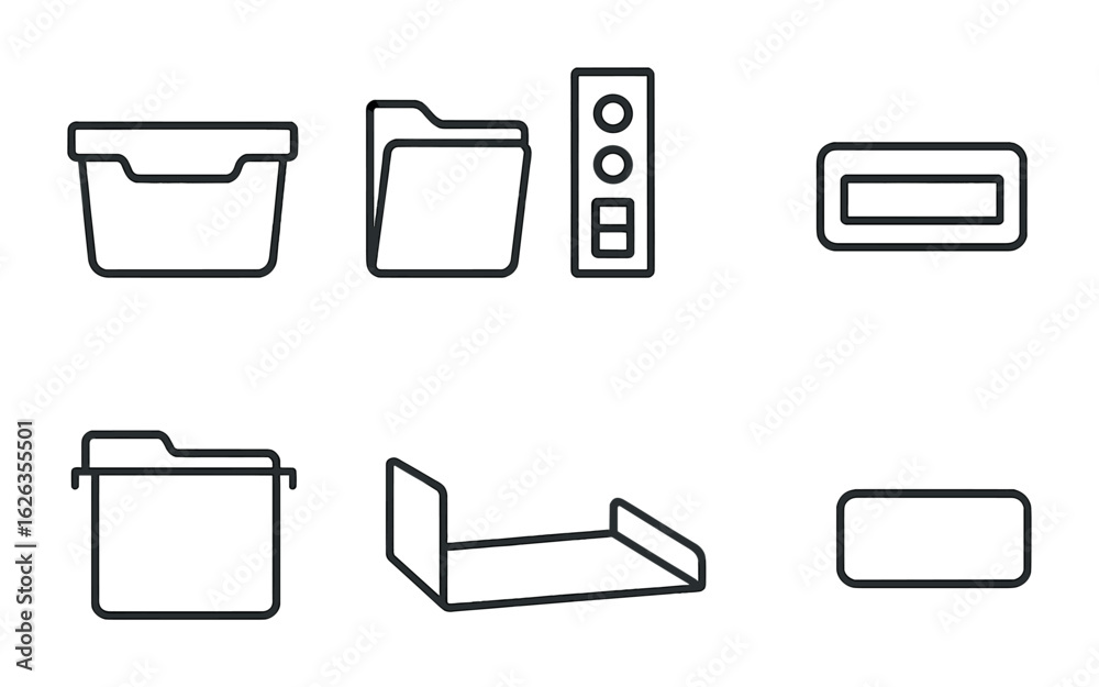 Classroom Organization Icons. Outline icon set of classroom organization: storage bin, subject folder, Classroom Organization Icons. Outline icon set of classroom organization: storage bin, subject folder,